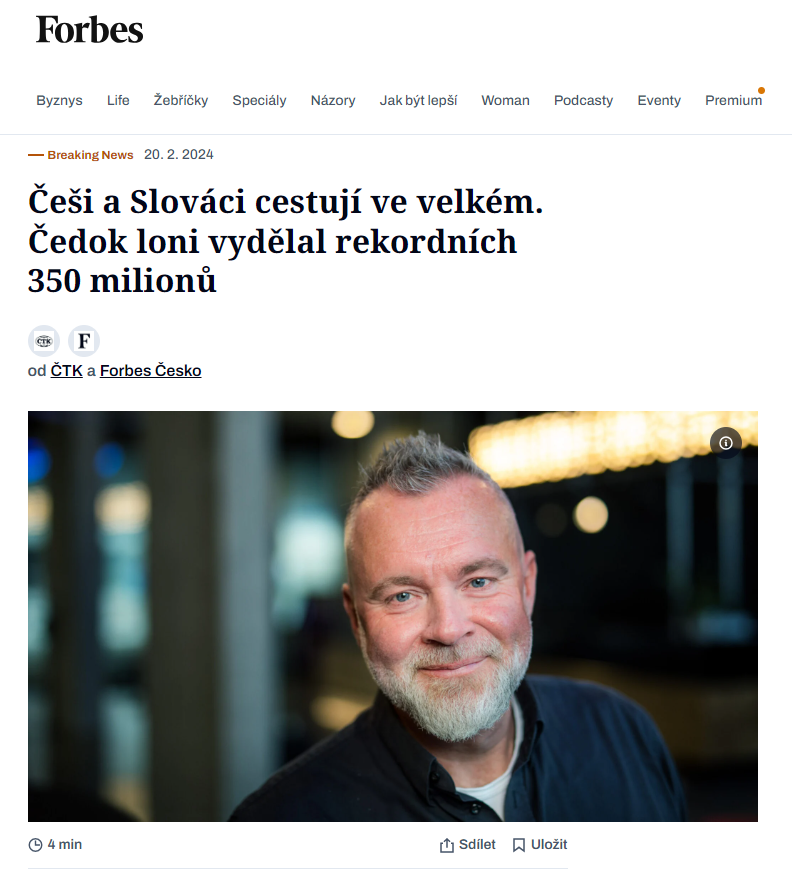 CKCEDOK's tweet photo. Češi a Slováci cestují hodně a cestují rádi!🌍Na stránkách @ForbesCesko se v #BreakingNews dočtete📖, jak se daří cestování po covidovém útlumu, proč je právě Čedok trendsetter, i jaké novinky z regionálních letišť✈️chystáme na léto. 👉https://t.co/TBWDb5Rik9
#cedokjede #cedok https://t.co/ANhmR0MZFv