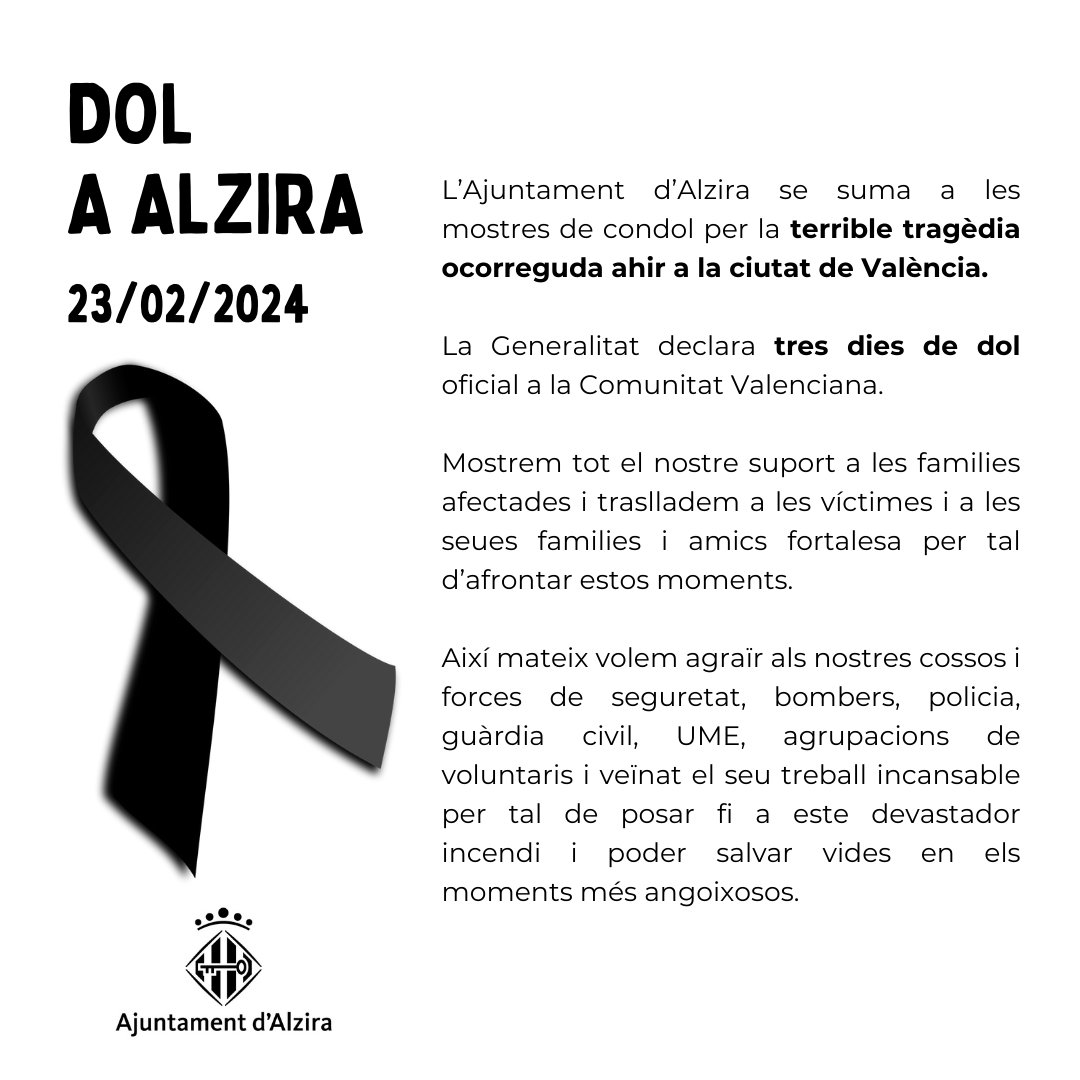 AjuntAlzira's tweet photo. ⚫️ 𝐂𝐨𝐦𝐮𝐧𝐢𝐜𝐚𝐭 de l'Ajuntament d'Alzira per la tragèdia ocorreguda a València ⚫ https://t.co/wNSL7c7dF2