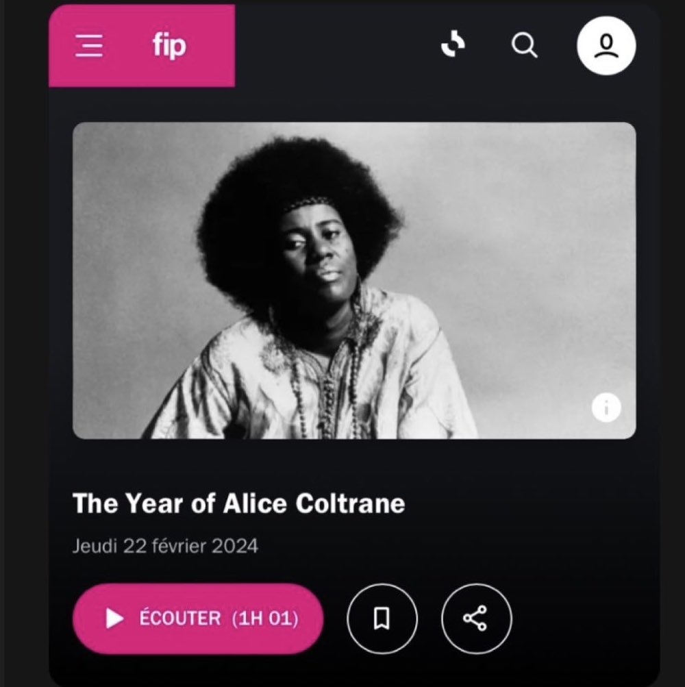Se faire du bien = écouter ce #clubJazzàFip absolument magistral dédié à Alice Coltrane à l’occasion de la sortie d’un live inédit par @impulselabel 
Aux commandes @MarjolainePK & Christian Charles
@fipradio @radiofrance @Maisondelaradio 💗📡💗