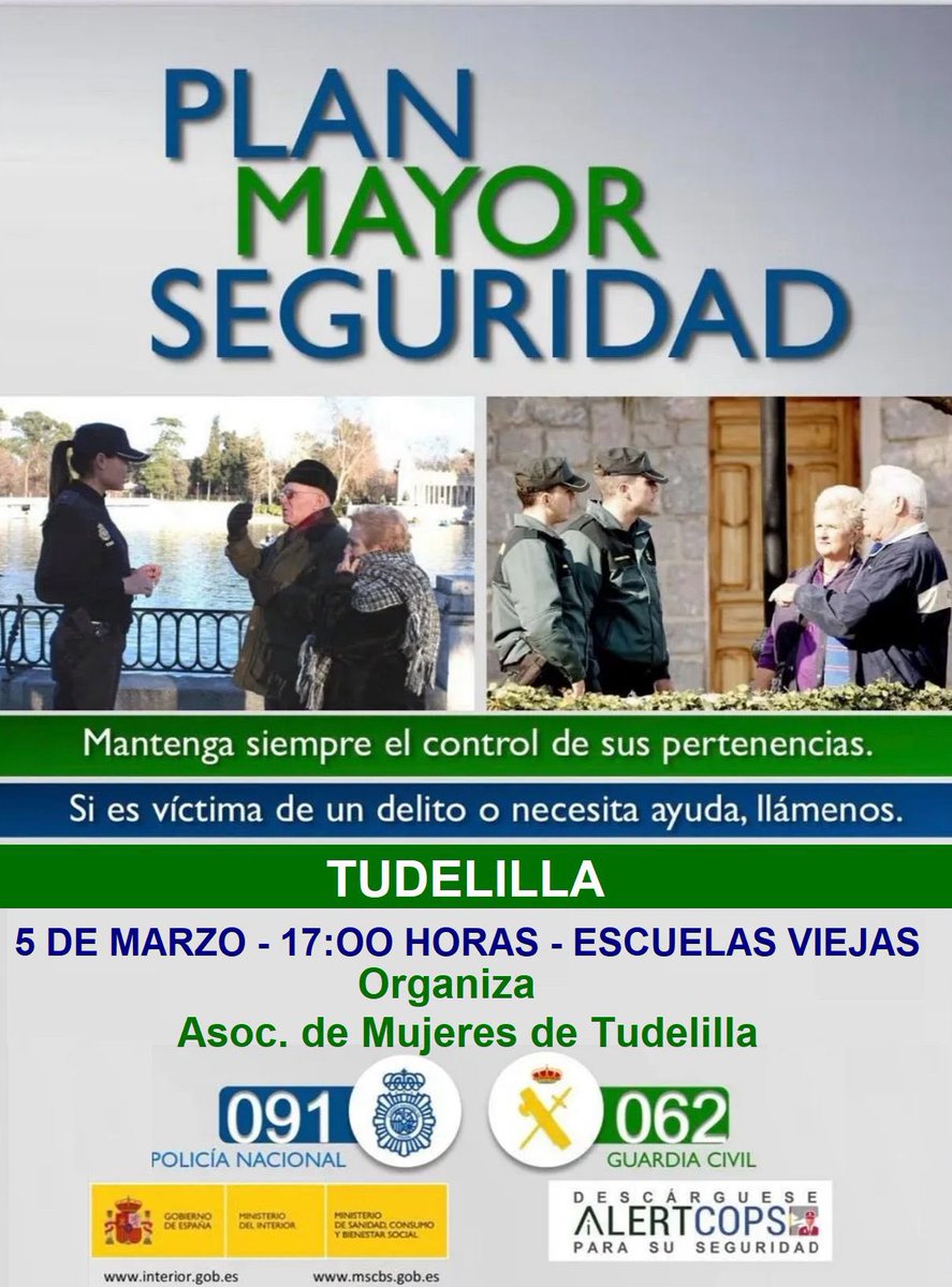 👉👉ℹ️ PLAN MAYOR SEGURIDAD. 💙💛TUDELILLA 👵Charla el 5 de marzo, martes a las 17:00 h en el Centro Cultural Escuelas Viejas.👮👮🏻‍♂️🚔🔐
🚺Organiza: Asoc. Mujeres de Tudelilla
#Seguridad
#Tudelilla