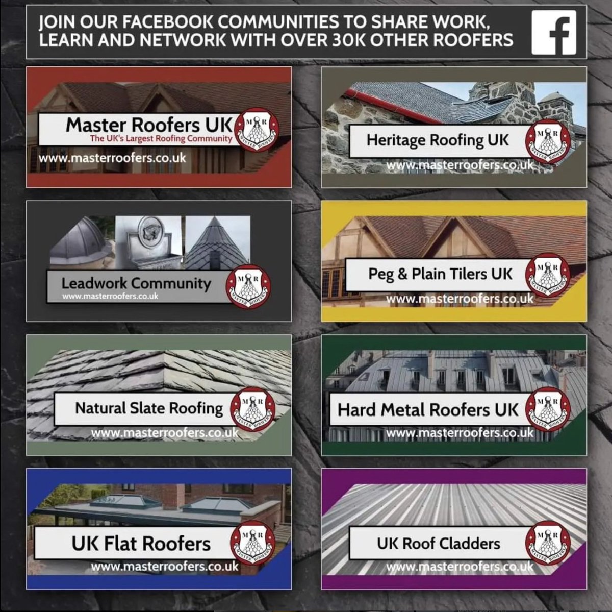 MasterRoofersUK's tweet photo. Did you know we now have 8 Facebook groups covering a whole range of roofing disciplines?

#roofinguk #ukroofer #roofingtile #tiledroof #slateuk #ukroofing #roofingcladder #claddinguk #leadroof #lead #leadwelding #leadbossing #plaintile #heritageroofing https://t.co/0utkgcG1zA