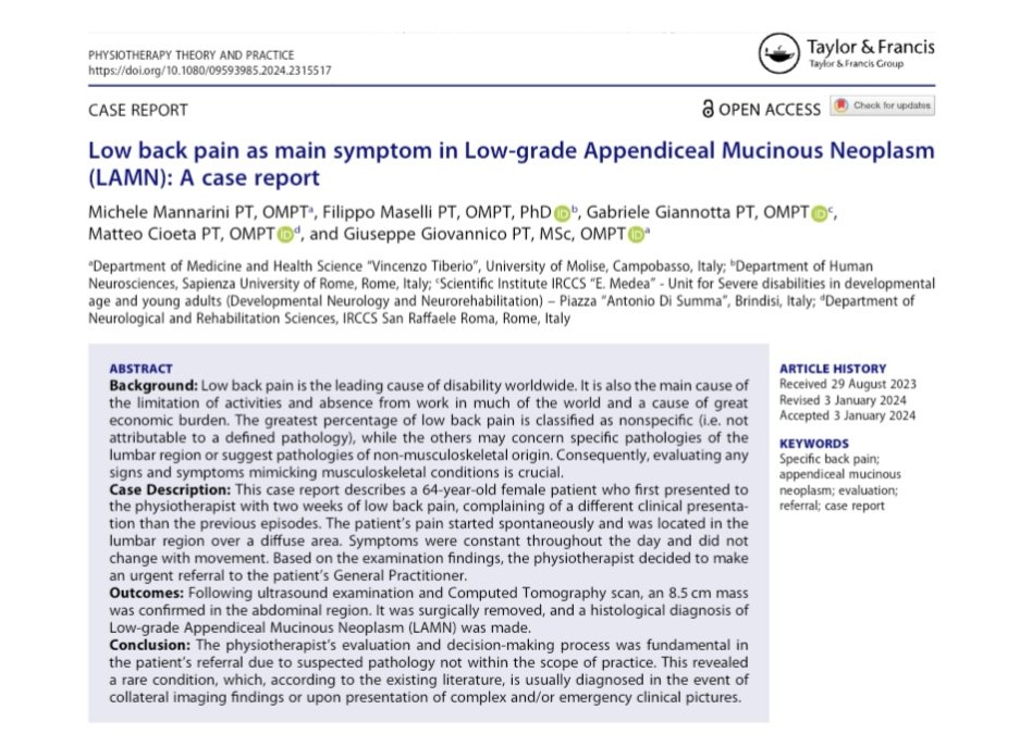 Matteo Cioeta (@matteocioetapt) on Twitter photo New paper out!
Tumors can mimic LBP in less than 1% of cases. 
LAMN is not a very common type of tumor. 
Can they occur at the same time? Check our paper!
Full text link: tandfonline.com/doi/full/10.10โฆ New paper out!
Tumors can mimic LBP in less than 1% of cases. 
LAMN is not a very common type of tumor. 
Can they occur at the same time? Check our paper!
Full text link: tandfonline.com/doi/full/10.10โฆ