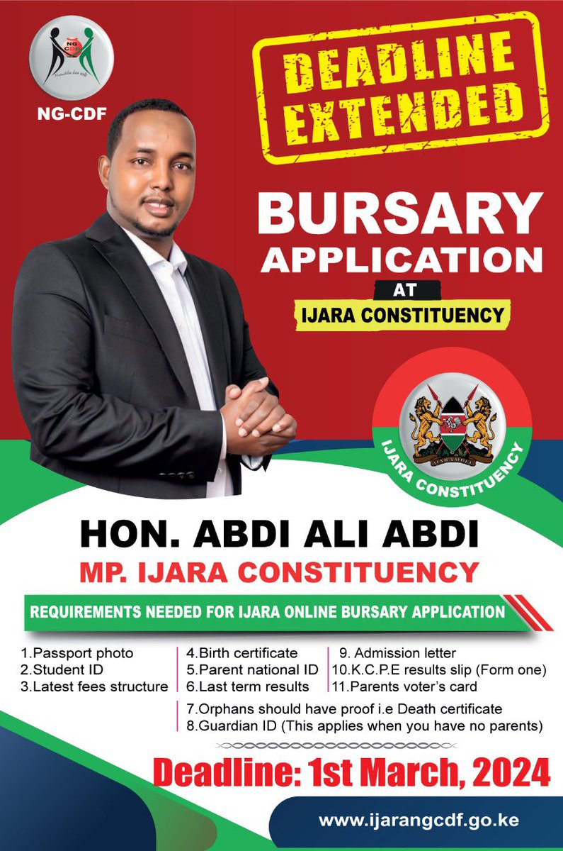 ijara_CDF's tweet photo. 📢 Notice: Online Bursary Application Extended!

To apply, simply visit our official website at https://t.co/kZ2VkrjgIG and complete the application process before the new deadline.

@NGCDF_Kenya @HonHajisheikhow https://t.co/da3QfB44kR