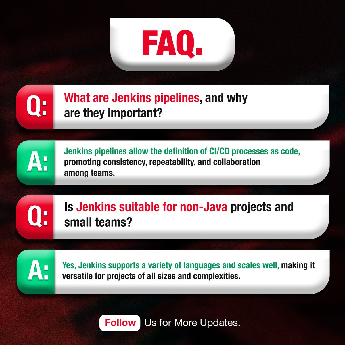 VolcanusAcademy's tweet image. "Unlock the power of Jenkins with our quick FAQs! From its open-source magic to versatile pipeline mastery, we've got your questions covered. Dive into CI/CD brilliance today!
#JenkinsFAQs #DevOpsSimplified #CI_CD #TechInnovation #AutomationMagic #JenkinsMastery