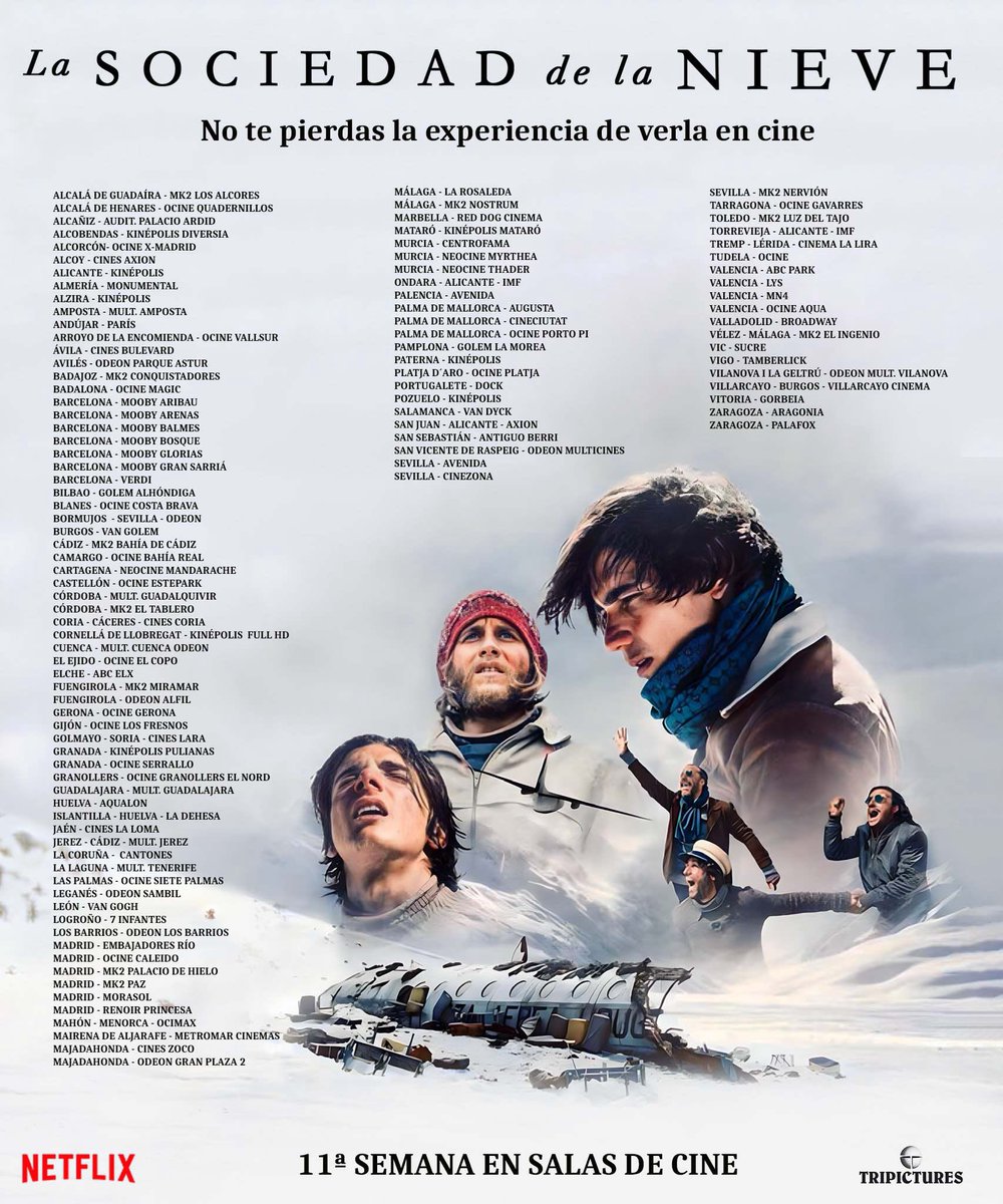 Más de 500.000 espectadores ya han visto La Sociedad de la Nieve en cines.

Y, a partir de hoy, llegamos a muchas más localidades, entre ellas, Alcañiz, Andújar, Coria, Golmayo, La Laguna, Marbella, Tremp, Tudela y Villarcayo. 

LA SOCIEDAD DE LA NIEVE
No te pierdas la