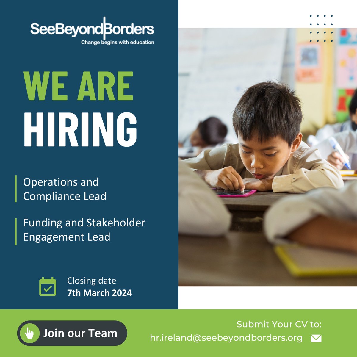 SeeBeyondBorders Ireland is hiring! We are hiring 2 Professional Leads, to lead our work in Funding and Stakeholder Engagement and in Operations and Compliance respectively. Full details on each position can be found here: seebeyondborders.ie/work-with-us/