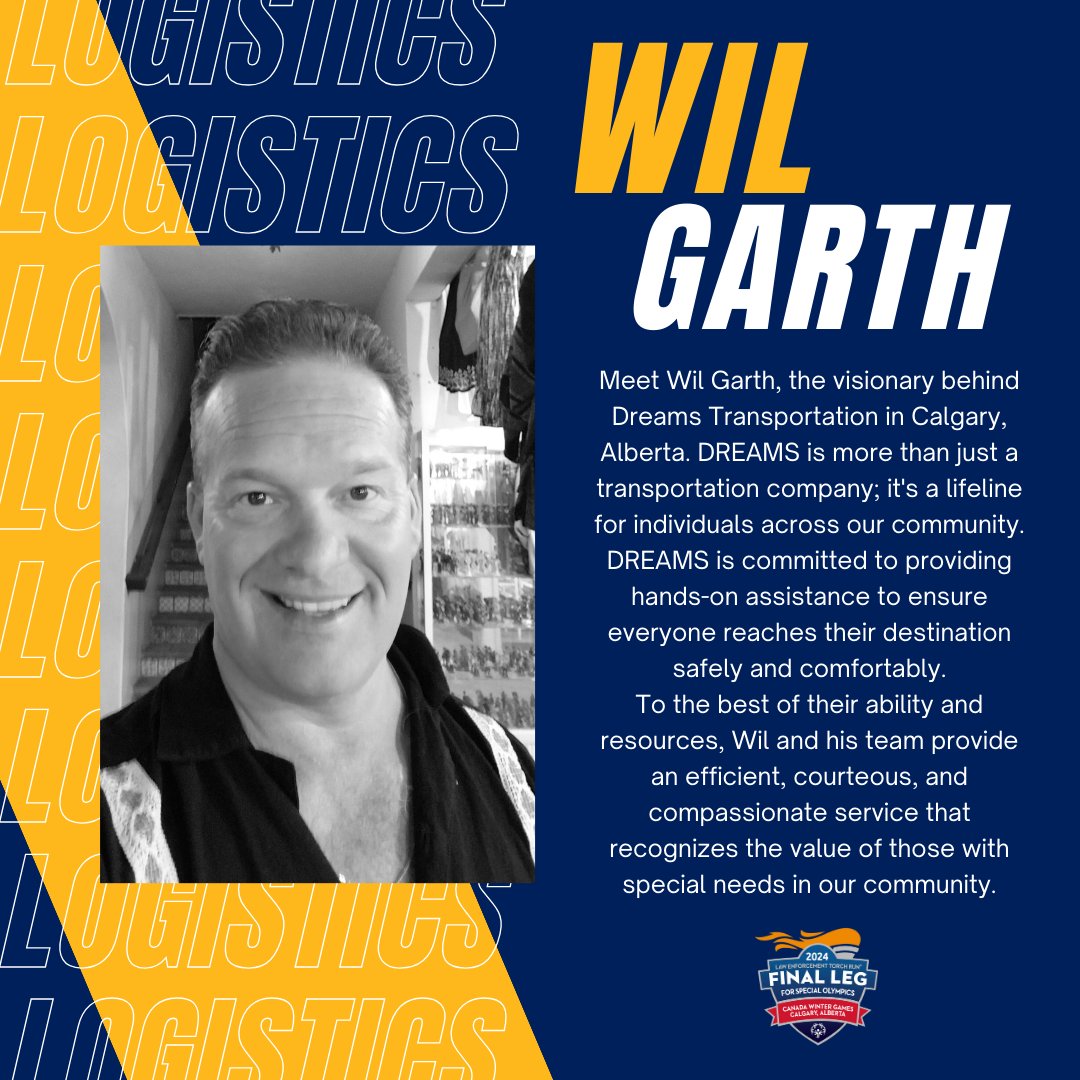 Rounding out our logistics crew for the Final Leg Torch Run is none other than Wil Garth, the driving force behind DREAMS Transportation in Calgary, AB 🌟 DREAMS provides an efficient & compassionate service that recognizes the value of those with special needs in our community!