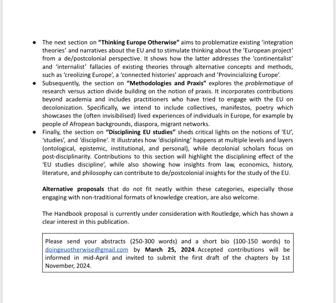📢📢📢

Call for Contributions for Handbook

‚Doing EU Studies Otherwise: Colonialism, Empire and Race’

Co-edited by Rosalba Icaza, Jan Orbie, Siddharth Tripati &amp; myself

Abstracts by 25 March 2024

Feel free to share within your networks