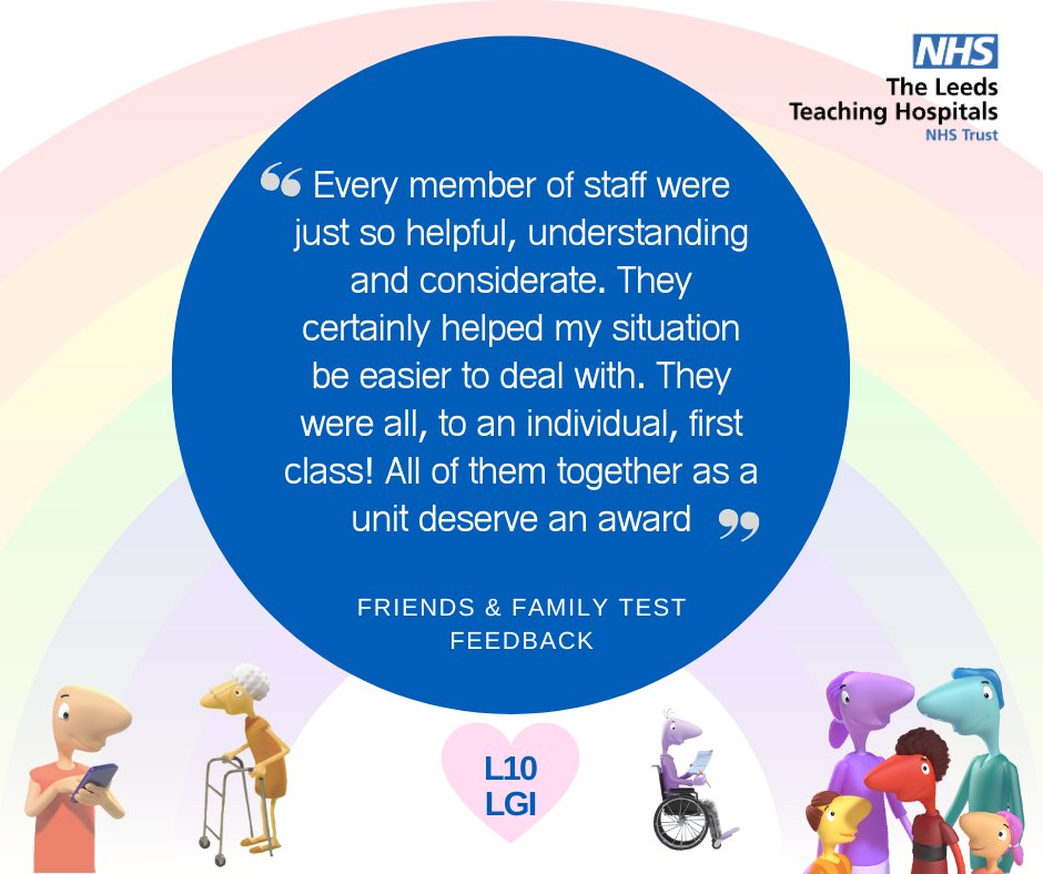 Every week we receive lots of great feedback for our teams via our Friends and Family test.
This week we're sharing this great comment from a patient who was cared for by the team at LGI ward L10 #FFTFriday
If you'd like to share feedback, please visit: leedsth.nhs.uk/patients-visit…