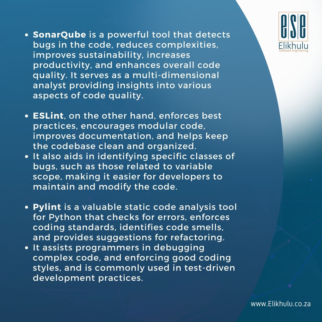 _Elikhulu's tweet photo. Swipe to learn more about why code quality and analysis tools are essential in software development!
Elevate code standards with SonarQube, ESLint, and Pylint!
🛠 #CodeQuality https://t.co/WppCYwYoXy