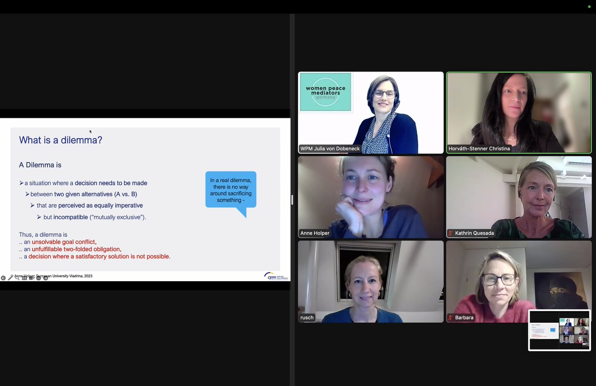 Postponing integration or re-opening peace talks? What a dilemma! This week, WPM members welcomed renowned expert on dilemma management <a href="/HolperAnne/">Anne Holper</a> for an exclusive talk about dilemmas in peacemaking! cogitatiopress.com/politicsandgov… #womeninpeace #mediation