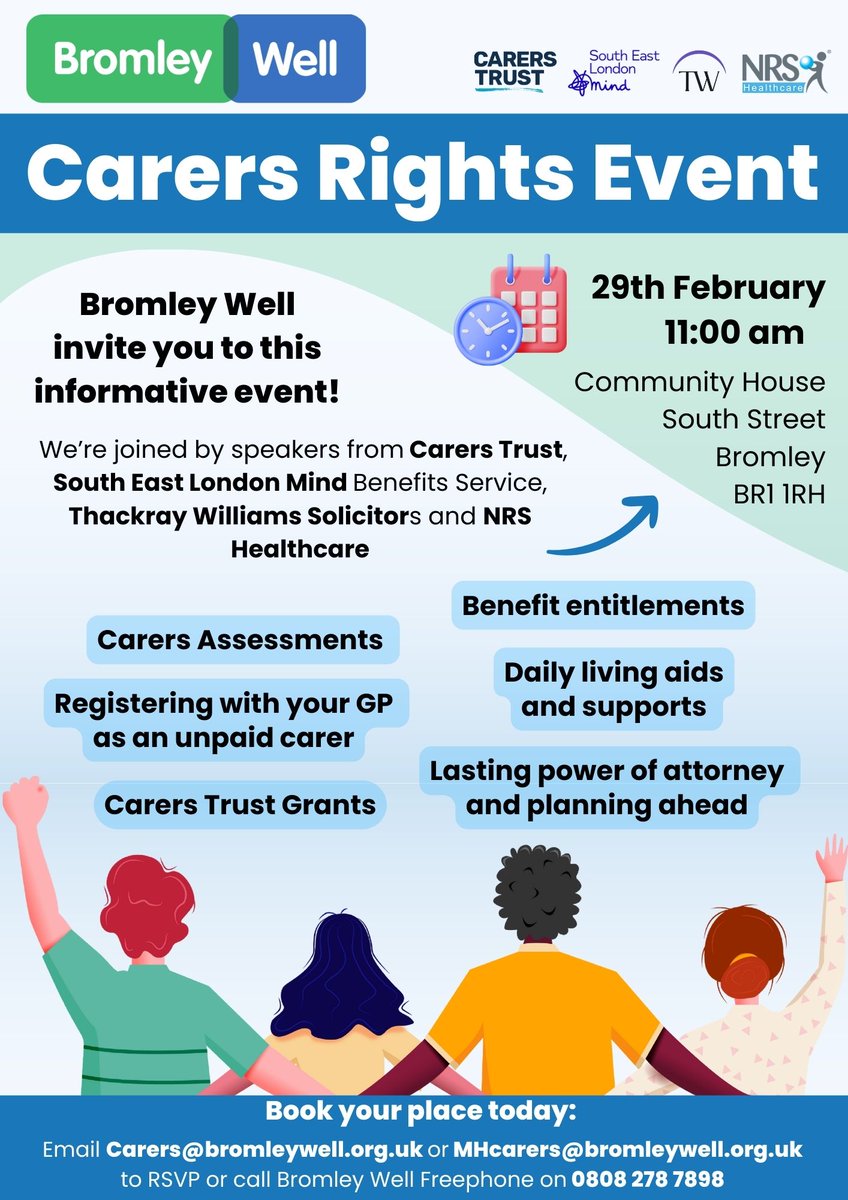 Calling unpaid #carers in #Bromley! Don't forget to book a FREE place at this event Featuring speakers from @CarersTrust, @selmindcharity Benefits Service, @TWSolicitors & @NRSHealthcare Don't miss out! Info here: ow.ly/JzWu50QAYhG @bromleymencap @onebromley