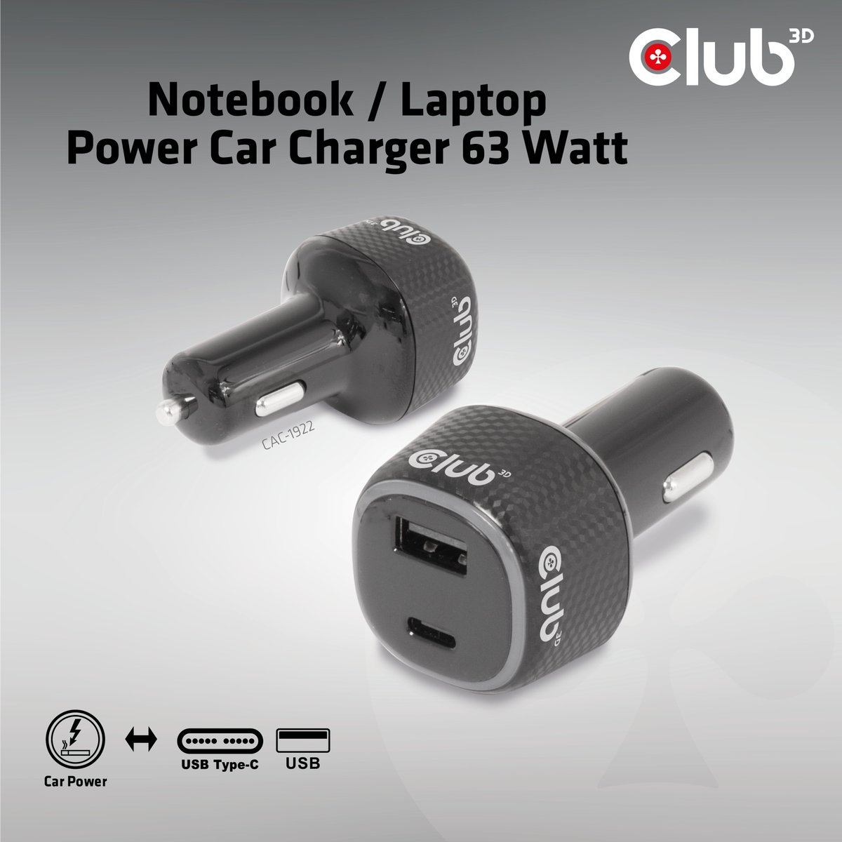The Club 3D Notebook/Laptop Power Car Charger 63W - CAC-1922! Charge up to two devices simultaneously with QC3.0 and PD support.

This sleek charger is equipped with two USB connectors (USB Type-C and USB Type-A), allowing you to charge multiple devices simultaneously.