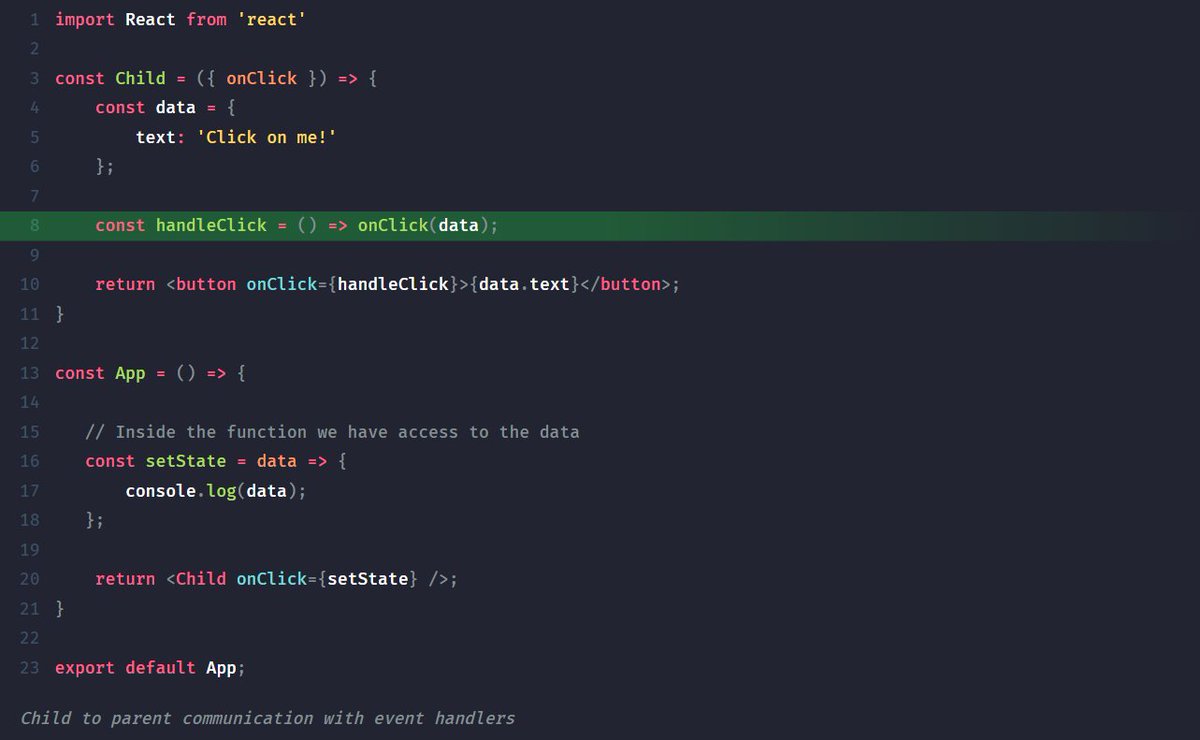 WebtipsHQ's tweet image. Here are four patterns you can use in React to improve your codebase:

1️⃣ Child-to-parent communication: Most commonly, you want to lift your state when you want to pass data from child-to-parent components. However, you can also use callback functions: