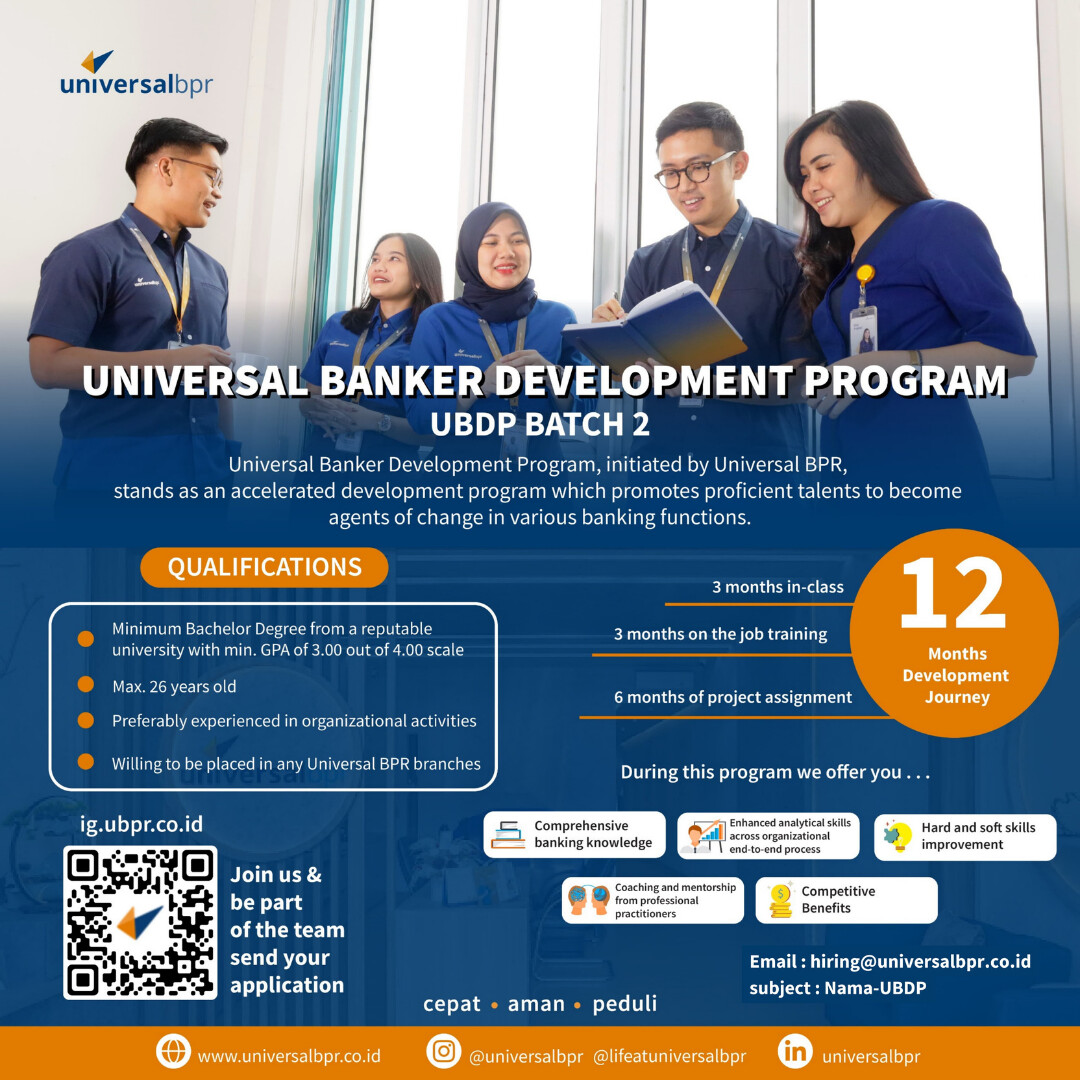 BINUSCAREER's tweet image. Kami mencari talenta muda dan berbakat untuk mengikuti program pengembangan Universal Banker Development Program. kirim CV kamu ke : hiring@universalbpr.co.id
dengan subject : Nama -UBDP

#UniversalBanker #DevelopmentProgram #LowonganKerja #Karir