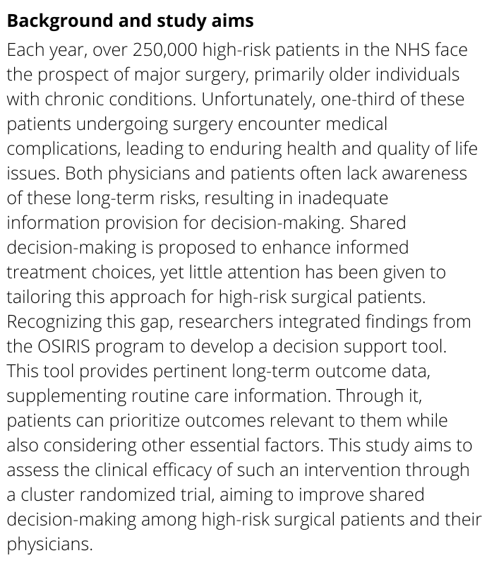 ISRCTN's tweet image. A research project aimed to understand and improve the shared decision-making process for patients at high risk of medical complications as they contemplate major surgery. The OSIRIS study registered at #ISRCTN by @OsirisProgramme 

isrctn.com/ISRCTN27859150

#Clinicaltrials