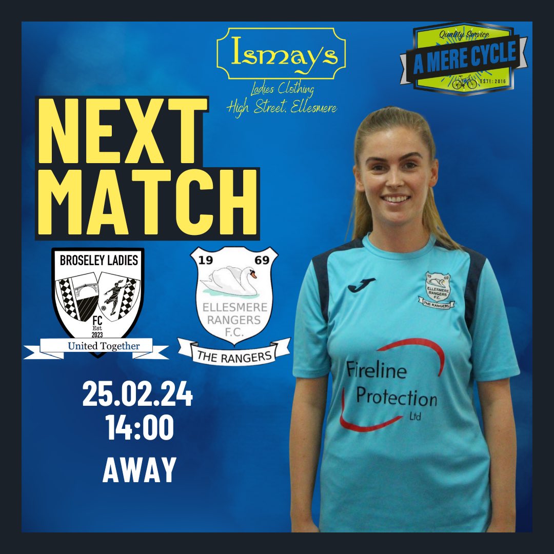 🟡NEXT UP🟡

The ladies are on the road again this weekend, as they face Broseley Ladies 

📆 Sunday 25th February
⏰ 2pm KO
📍Birchmeadow Playing Fields  
🆚 Broseley Ladies 
🏆 Shropshire FA Women's Super League 

A Mere Cycle Hire and sales/Repairs
Ismay's Ellesmere