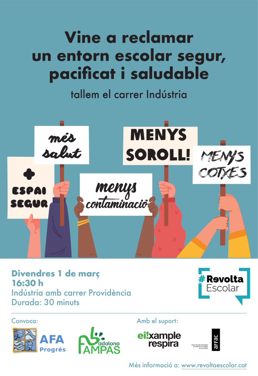 La unió fa la força! El proper divendres 1 de març, de 16.30 a 17.00 h reivindicació simultània amb <a href="/AFAGitanjali/">AFA Gitanjali</a> <a href="/VentosMir/">AFA Escola Ventós Mir</a> <a href="/badalonaport/">AFA Escola BDN Port</a> per reclamar millores a l’entorn de les nostres escoles. Us hi esperem!