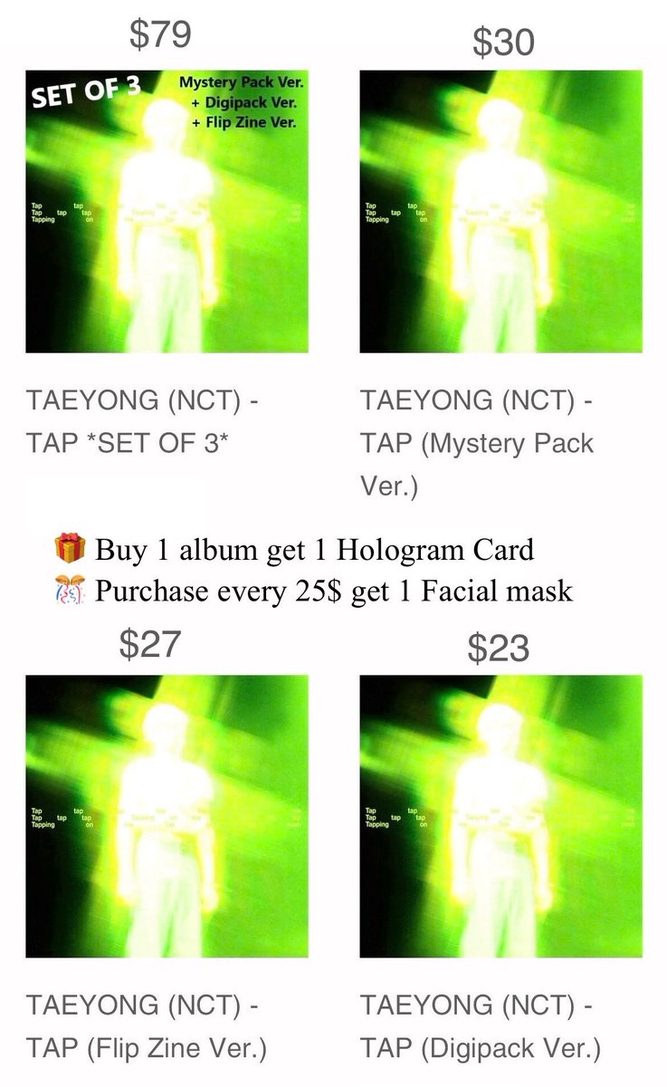 _jzx8's tweet photo. ✨TAEYONG 2nd Mini Album 'TAP'✨
🇦🇺 AUSTRALIA 𝗣𝗥𝗘 𝗢𝗥𝗗𝗘𝗥 𝗢𝗣𝗘𝗡 🌏
*Be buy directly with HOTTRACKS store
Album will arrive Melbourne on 3-Mar
✅ Worldwide shipping
- Digipack Ver. 23$
- Flip Zine Ver. 27$
- Mystery Pack Ver. 30$
- TAP “SET OF 3” 79$
*Price in AUD$*
🎁 Buy 1 album get 1 Hologram Card
🎊 Purchase every 25$ get 1 Facial mask (Sponsor by me)
🔗: https://t.co/2DJDSqBOI0
🗓 Deadline: 29-Feb, 9pm AEST
💵 Payment : Bank Transfer, Paypal, Wise
📮 Postage (TBD) or Meet Up 3-Mar (Melbourne only)
#TAEYONG #TAEYONG_TAP #kpopaustralia
