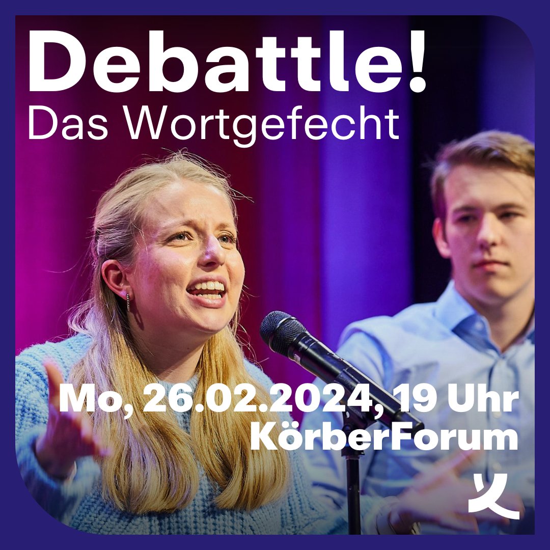 🥊 1 Thema, 6 Teilnehmende des Debattierclub Hamburg und nur 15 Minuten Zeit, sich vorzubereiten. 

🎤 Im <a href="/KoerberForum/">KörberForum</a> geht der Wettstreit um die besten Argumente in die nächste Runde. Feste Regeln sorgen für Fairplay und Spannung!

Jetzt anmelden! 👉 koerber-stiftung.de/veranstaltunge…