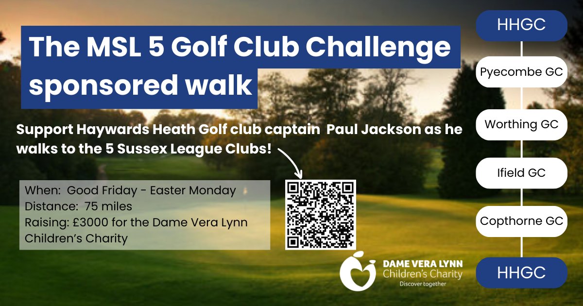 It's just over a month until Haywards Heath Golf Club, Captain - Paul Jackson takes on the MSL walking challenge (75 miles visiting 5 different Golf Clubs. Please visit his JustGiving Page or scan the QR code below to make a donation! justgiving.com/page/paul-jack…