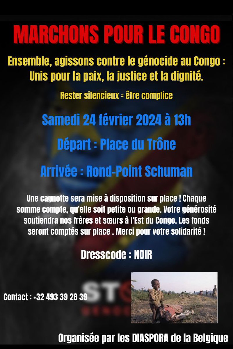 Samedi 24/02, moi, j’ai décidé de marcher pour dire 🛑 STOP AU GENOCIDE CONGOLAIS, AU NETTOYAGE ETHNIQUE, AU MASSACRE DES CONGOLAIS 🛑 
Il est temps pour tous congolais de maintenir la pression au niveau où il le peut. Soyons UNIS au moins pour nos frères, sœurs #FreeCongo #RDC