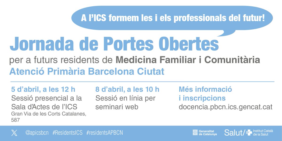 Atenció Primària i a la Comunitat de l'ICS (@primariaicscat) on Twitter photo 📣La Unitat Docent dels CAP de Barcelona ciutat de l'<a href="/icscat/">ICS. Generalitat</a> obre les portes als futurs #ResidentsAPBCN
Per a medicina:
📌5 d'abril, a les 12 h, a la sala d'actes del centre corporatiu de l'ICS
🖥️ 8 d'abril, a les 10 h, en línia
#MIR2024 #residentsICS
atencioprimariaicsbcn.wordpress.com/2024/02/22/jor… 📣La Unitat Docent dels CAP de Barcelona ciutat de l'<a href="/icscat/">ICS. Generalitat</a> obre les portes als futurs #ResidentsAPBCN
Per a medicina:
📌5 d'abril, a les 12 h, a la sala d'actes del centre corporatiu de l'ICS
🖥️ 8 d'abril, a les 10 h, en línia
#MIR2024 #residentsICS
atencioprimariaicsbcn.wordpress.com/2024/02/22/jor…