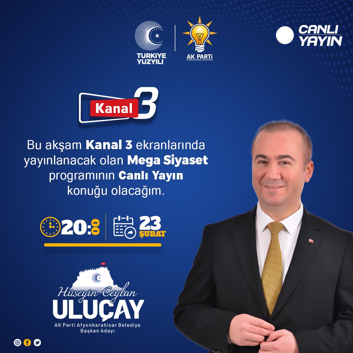 Bu akşam Kanal 3 ekranlarından yayınlanacak olan Mega Siyaset programının konuğu olacağım. İzlemeniz dileğiyle.
