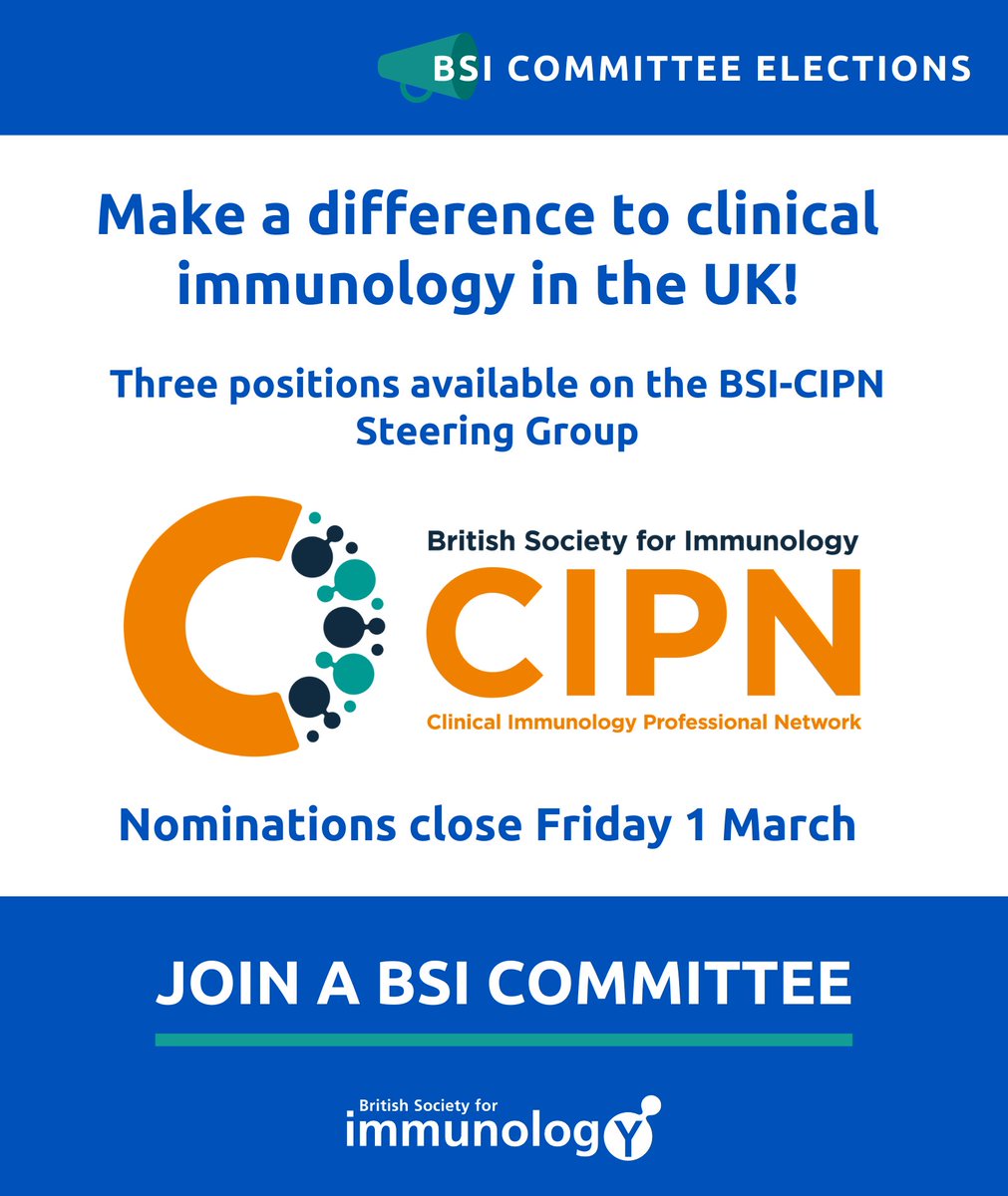 Calling all #clinical #immunologists!

Help shape the future of the sector & stand for a role on our @BSI_CIPN Steering Group:
🔸 Conference Programme Lead
🔸 #HealthcareScientist Representative
🔸 #PatientGroup Liaison

Join a #BSIcommittee ➡️bit.ly/4bDeG1e