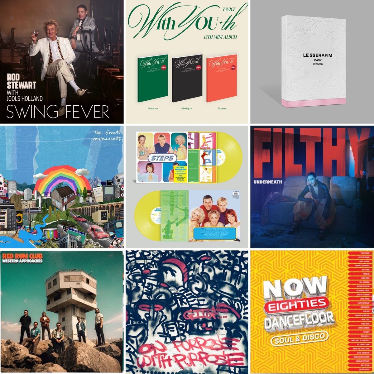 New music Friday…the big album this week @rodstewart with @JoolsBand “Swing Fever”, we’ll be getting our boogie woogie on. . K-Pop #hmvExclusive @JYPETWICE and @le_sserafim . A welcome return for @nadineshah @TheSnuts @THEREALGHETTS @OfficialSteps vinyl @NOWMusic @RedRumClub