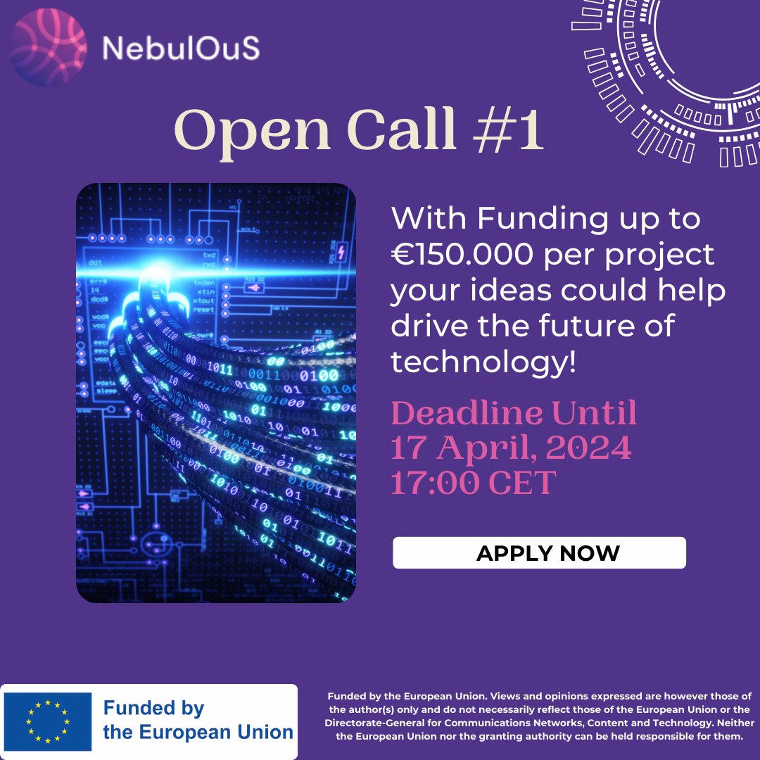 seercorg's tweet image. 🚨 @_nebulous_cloud Open Call Alert! 🚨 Startups, SMEs, &amp;amp; research orgs, it’s your time to shine in the Cloud &amp;amp; IoT space! 
With up to €150K funding per project, innovate &amp;amp; shape the digital future. Don’t miss out! Apply by 17 April 2024. #TechInnovation #CloudIoT #nebulous