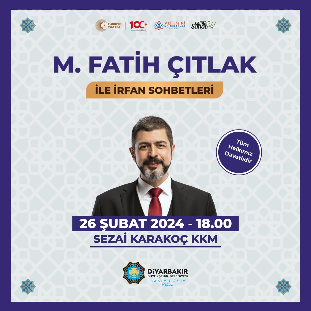 İnsan, ahlak, medeniyet ve tasavvuf alanlarında "bilmenin, tanımanın ve ikrar etmenin" derin bir sohbete dönüşeceği;

"M. Fatih Çıtlak İle İrfan Sohbetleri" söyleşi programı;

📅 20 #Şubat 2024
⏰ 14.00'de
📍 Sezai Karakoç KKM'de

Tüm hemşehrilerimiz davetlidir.

#KeremKe