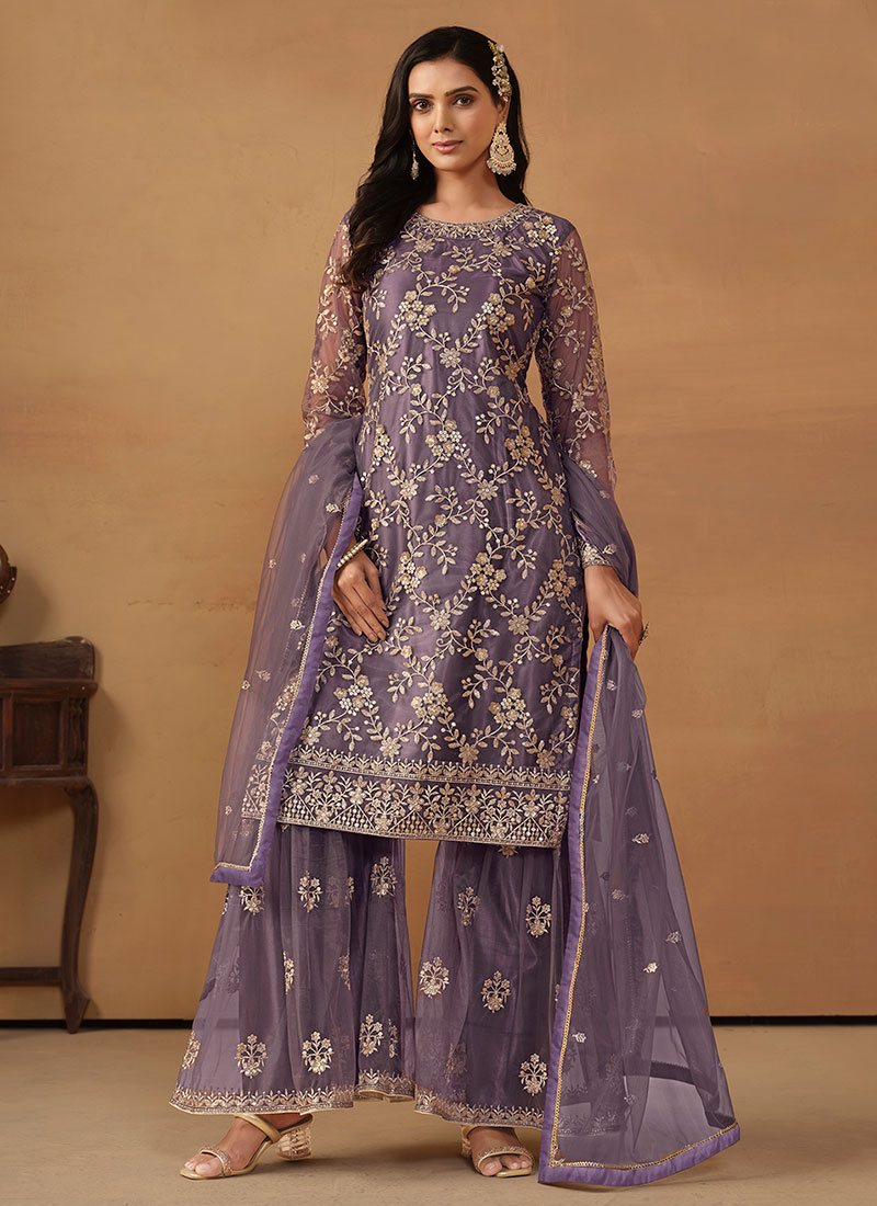 hatkay on X: Purple Embroidery Net Palazzo Suit Shop This Outfit