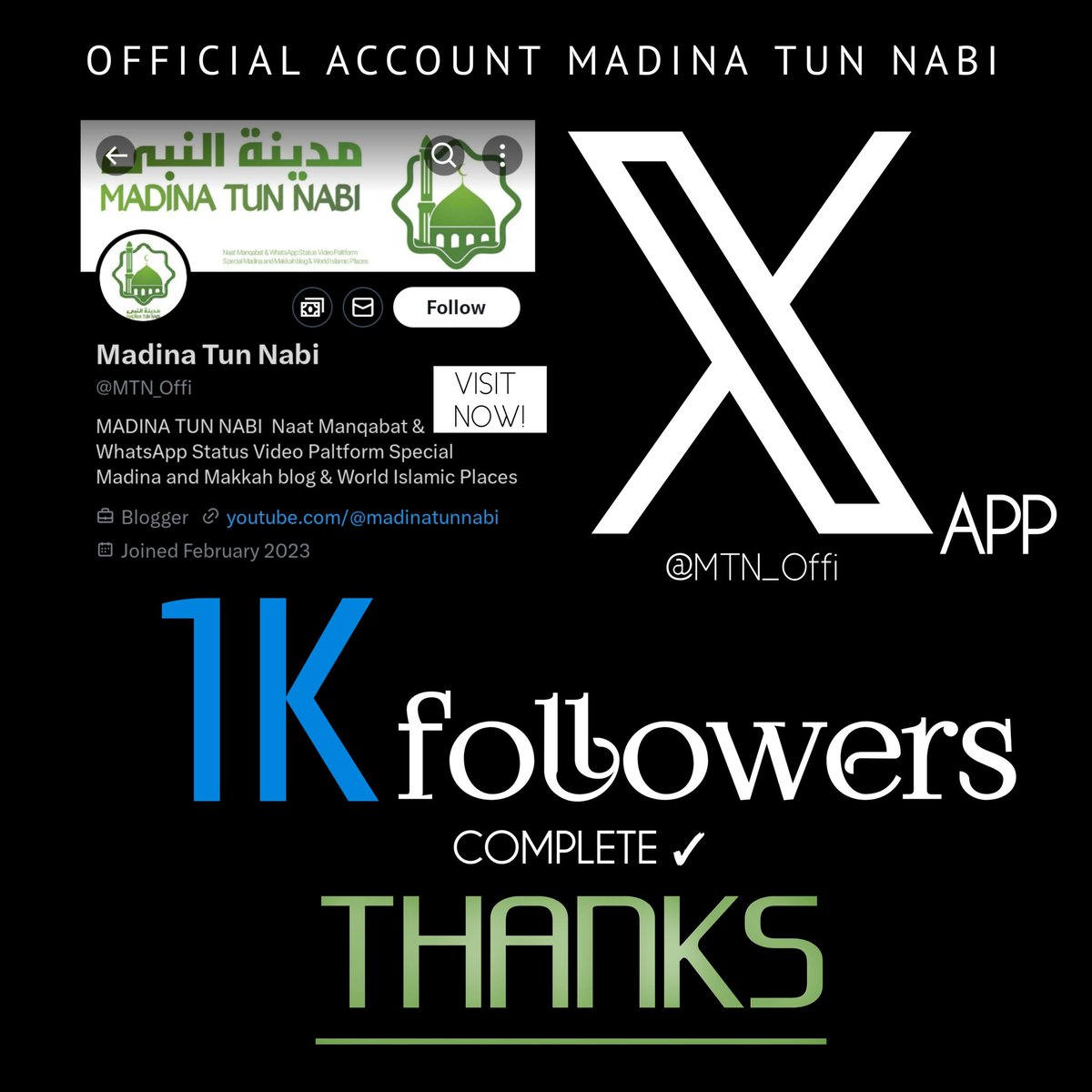 Official Account Madina Tun Nabi 𝕏 App 1k Followers Complete ✅ ṯẖa̱ṉḵs̱