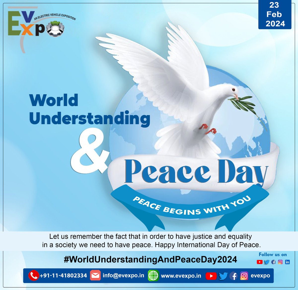 'Today, at EvExpo, we celebrate World Peace Day with a profound commitment to sustainability and unity. As we witness groundbreaking innovations in electric vehicles, let's also envision a world where technology serves not only progress but also peace.' 
#WorldPeaceday