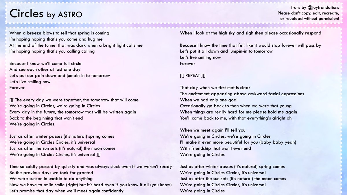 joytranslations's tweet photo. [ #ASTRO ] < Circles > eng lyrics  

💜 please don't remake or reupload without permission!  

#아스트로 #아로하 #AROHA https://t.co/JWTn1hpusv