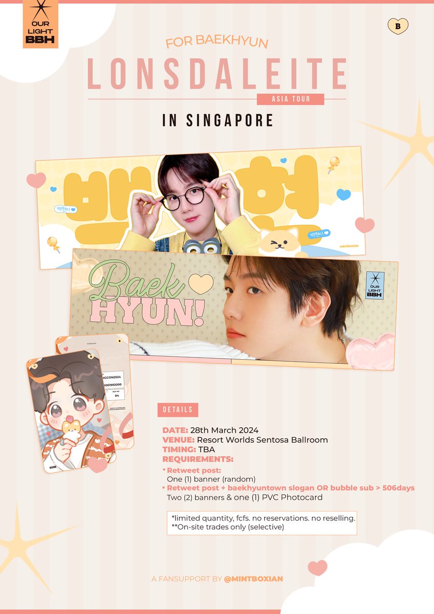 mintboxian's tweet photo. ೀ 𝟐𝟎𝟐𝟒 𝐁𝐀𝐄𝐊𝐇𝐘𝐔𝐍 𝐀𝐒𝐈𝐀 𝐓𝐎𝐔𝐑 
𝐋𝐎𝐍𝐒𝐃𝐀𝐋𝐄𝐈𝐓𝐄 𝐢𝐧 𝐒𝐈𝐍𝐆𝐀𝐏𝐎𝐑𝐄 ₊˚⊹ ᰔ 

𖤐 retweet this post!
𖤐 read notice for more details~
𖤐 strictly 1:1, fcfs basis! 

see you guys! 💖

#LONSDALEITEinSG #BAEKHYUNinSG #2024BAEKHYUNASIATOUR #BAEKHYUN https://t.co/nrVuZCso27