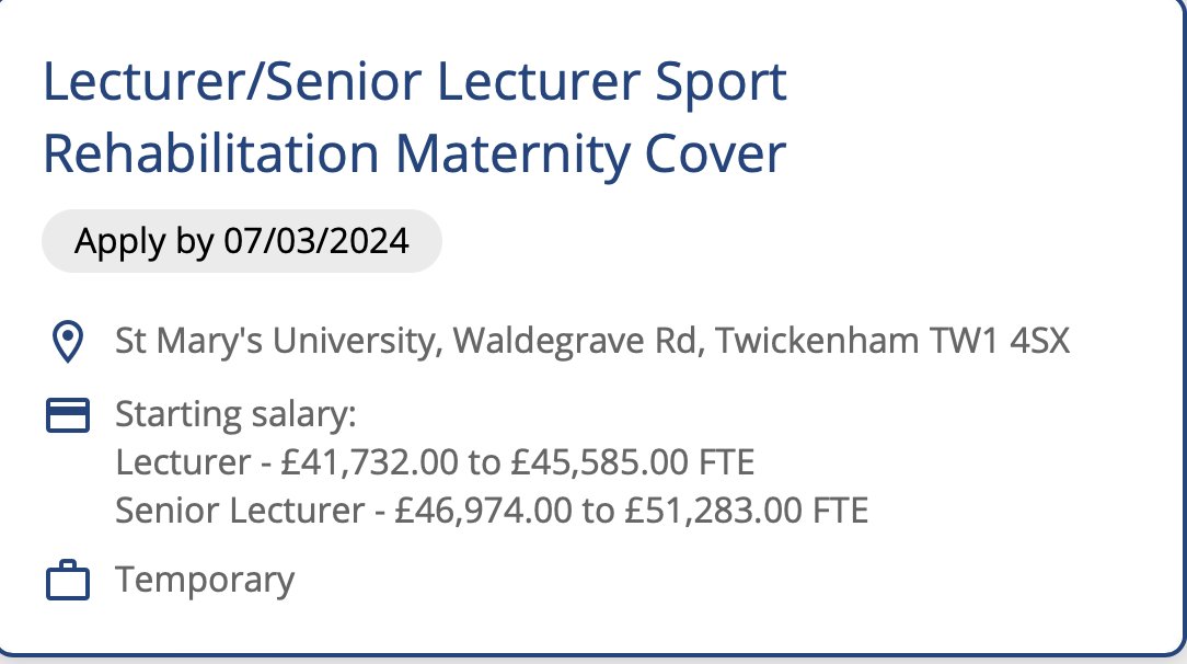 📣Job opportunity: Lecturer/Senior Lecturer in Sport Rehabilitation. FT/PT options available📣 Come &amp; join our great <a href="/SportRehab_/">St. Mary's Sport Rehab</a> team &amp; help support our <a href="/BASRaTorg/">BASRaT</a>  accredited BSc and MSc programmes.
Closing Date: 7th March 2024
Link👇
ce0230li.webitrent.com/ce0230li_webre…