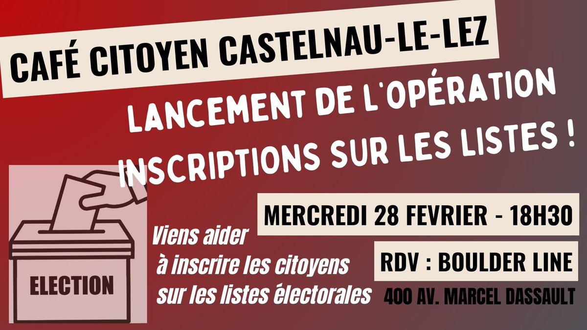 Participation au lancement de l’opération « Inscriptions sur les listes ! » 👍
Rdv mercredi pour proposer des idées et agir pour que les Castelnauviens soient informés et puissent s'inscrire pour voter
#castelnaulelez #citoyenneté 
#jhabiteicijevoteici