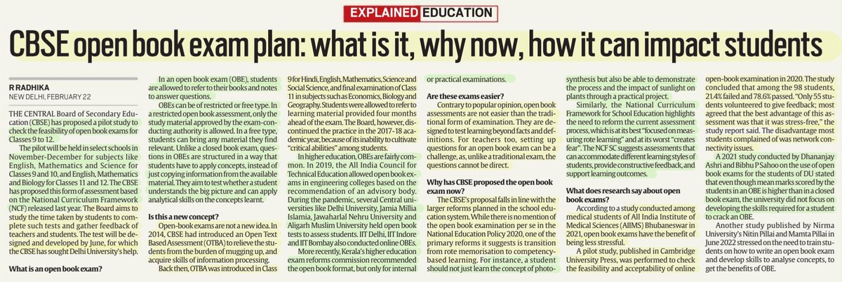 #OpenBookExam 'CBSE Open Book Exam plan: What is it, Why now, How it can impact students' :Explained by Ms R Radhika @I_am_Radhika #OBE #OTBA #CBSE #Exams #OpenBook #NCF #NEP #Schools #Students #learning #CriticalThinking #Ability #ExamReforms #education #UPSC Source:IE