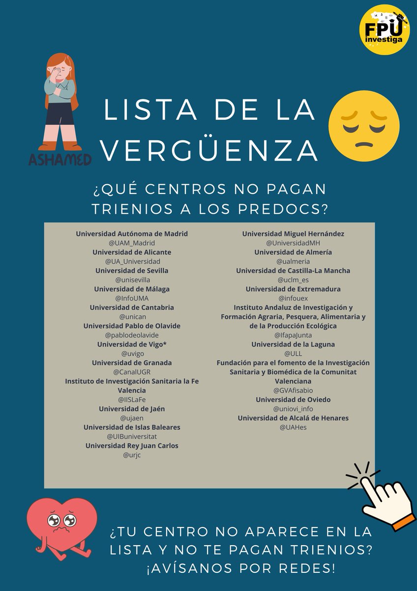 FPU investiga (@fpuinvestiga) on Twitter photo ¡¡LA LISTA DE LA VERGÜENZA!!
Actualizada 23/02/2024
🔥¡¡COMPÁRTELO!!🔥
Cc: <a href="/UAM_Madrid/">UAM Autónoma Madrid</a> <a href="/UA_Universidad/">Universidad de Alicante UA</a> <a href="/unisevilla/">Universidad de Sevilla</a> <a href="/InfoUMA/">Universidad de Málaga</a> <a href="/unican/">Universidad de Cantabria</a> <a href="/pablodeolavide/">Pablo de Olavide</a> <a href="/uvigo/">Universidade de Vigo</a> <a href="/CanalUGR/">Universidad Granada</a> <a href="/UniversidadMH/">UMH</a> <a href="/ualmeria/">Universidad de Almería</a> <a href="/uclm_es/">Universidad de Castilla-La Mancha</a> <a href="/infouex/">UEx</a> <a href="/IfapaJunta/">IFAPA</a> <a href="/CrueUniversidad/">Crue Universidades</a> <a href="/ULL/">Universidad de La Laguna</a> <a href="/GVAfisabio/">GVA Fisabio</a> (sigue) ¡¡LA LISTA DE LA VERGÜENZA!!
Actualizada 23/02/2024
🔥¡¡COMPÁRTELO!!🔥
Cc: <a href="/UAM_Madrid/">UAM Autónoma Madrid</a> <a href="/UA_Universidad/">Universidad de Alicante UA</a> <a href="/unisevilla/">Universidad de Sevilla</a> <a href="/InfoUMA/">Universidad de Málaga</a> <a href="/unican/">Universidad de Cantabria</a> <a href="/pablodeolavide/">Pablo de Olavide</a> <a href="/uvigo/">Universidade de Vigo</a> <a href="/CanalUGR/">Universidad Granada</a> <a href="/UniversidadMH/">UMH</a> <a href="/ualmeria/">Universidad de Almería</a> <a href="/uclm_es/">Universidad de Castilla-La Mancha</a> <a href="/infouex/">UEx</a> <a href="/IfapaJunta/">IFAPA</a> <a href="/CrueUniversidad/">Crue Universidades</a> <a href="/ULL/">Universidad de La Laguna</a> <a href="/GVAfisabio/">GVA Fisabio</a> (sigue)
