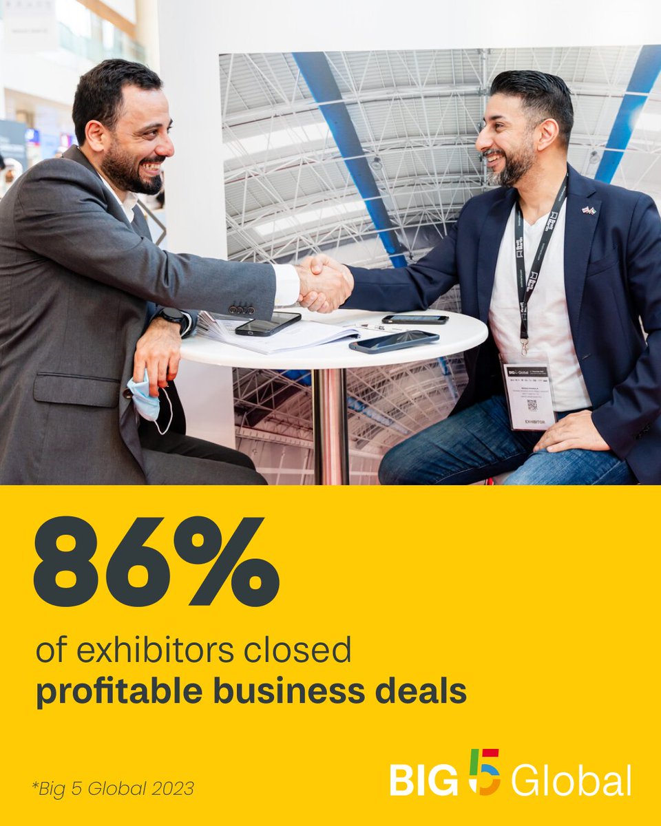 Close deals faster with Big 5 Global. Get essential insights and strategies at our event to expedite your deal-closing process, driving growth and success in today's competitive market.

Book your stand to secure your prime available slot: big5global.com/sm-close-deals…

Network. Build.