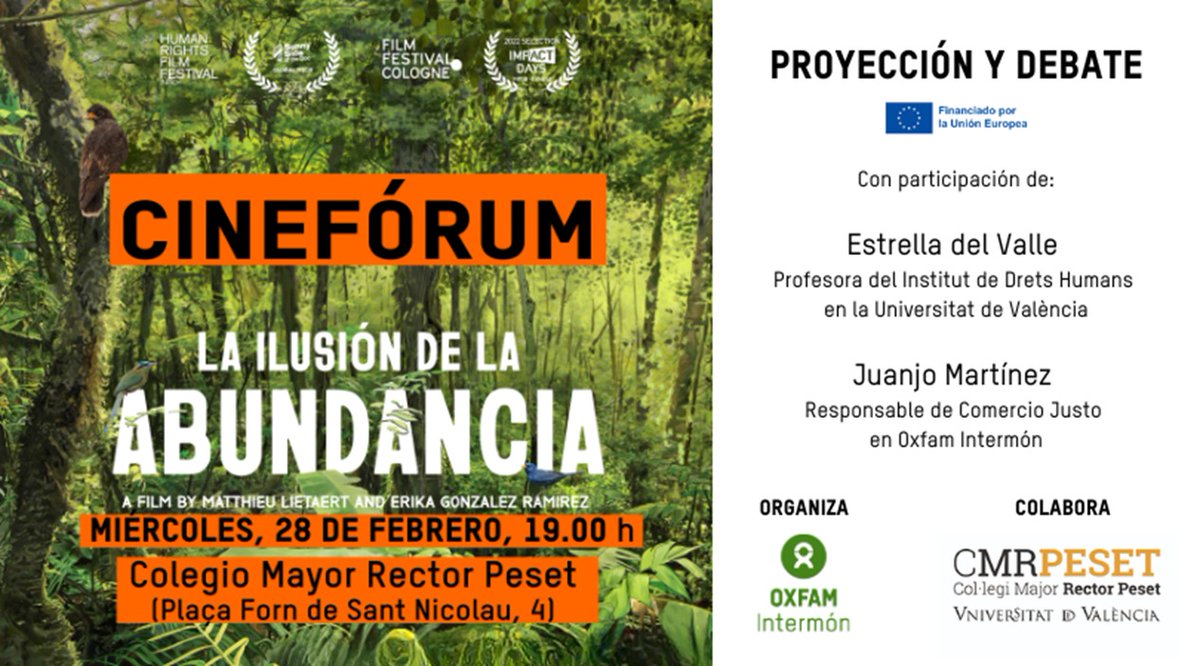 Comercio Justo (@comerciojustooi) on Twitter photo ¿Conoces la lucha de las defensoras ambientales en América Latina?
El próximo 28 de febrero, tendremos a nuestro compañero <a href="/Juanjo_MV/">Juanjo Martínez</a> en este cinefórum en Col.legi Major Rector Peset de #València ¿Conoces la lucha de las defensoras ambientales en América Latina?
El próximo 28 de febrero, tendremos a nuestro compañero <a href="/Juanjo_MV/">Juanjo Martínez</a> en este cinefórum en Col.legi Major Rector Peset de #València