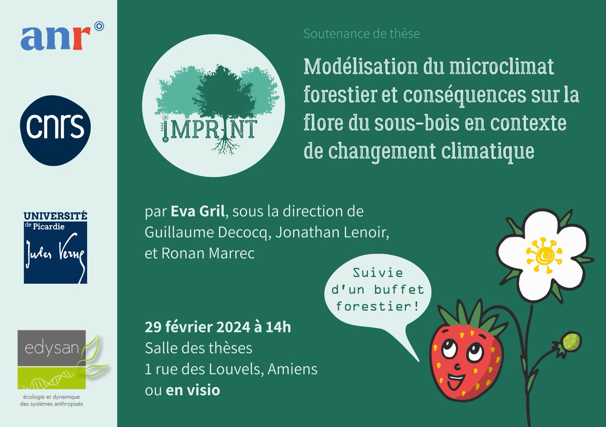 eva_gril's tweet image. Ce 29 février (jeudi prochain) à 14h, je soutiens ma thèse !! @ForMicroclimate @UMR_EDYSAN « Modélisation du microclimat forestier et conséquences sur la flore du sous-bois en contexte de changement climatique » 🌱🌡️🌳 Plus de détails &amp;amp; lien visio ici :
u-picardie.fr/edysan/soutena…