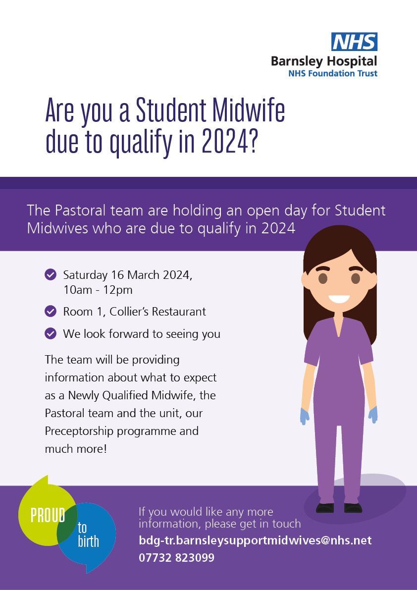 Are you a Student Midwife due to qualify in 2024?

Come see our Pastoral Midwives to chat about what to expect as a new midwife and much more.

Between 10am and 12pm on Saturday 16 March in Meeting Room 1 by Collier’s Restaurant in the hospital. See you there!