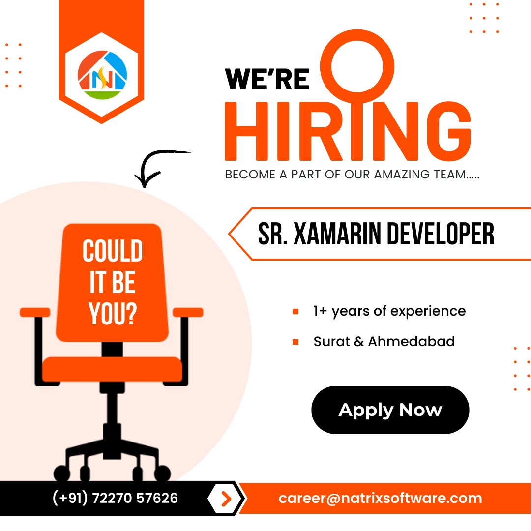 NatRIX Software Private Limited is looking for the below profile:
Position: Sr. Xamarin Developer
Location: Surat, Ahmedabad
Vacancy: 2

Interested can Share your resume at
career@natrixsoftware.com or
+91 72270 57626
Kindly # like, share, comment On the post for maximum reach.