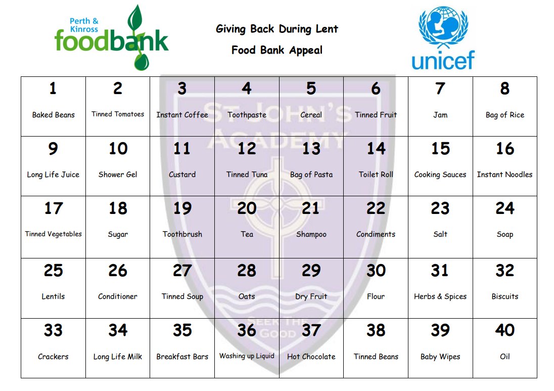 SJA_RRS's tweet photo. We are hoping to gather donations for our local Perth and Kinross Foodbank during the season of Lent. Donations of non-perishable items can be brought to school until Tuesday 26th of March. Please see the calendar with suggested items for donation attached below. Thank you!😊 https://t.co/q0utss2aC9