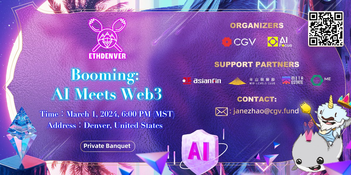 🔥🔥🔥 ETH Denver is coming ⛩Theme: Booming : AI Meets Web3 🗓Date: March 1, 2024, 6:00 PM (MST) 📍Address: Denver, Colorado, USA🇺🇸 📎lu.ma/7cz0up2g We will invite the hottest projects, institutions, KOLs, and other industry elites to join us in an in-depth discussion