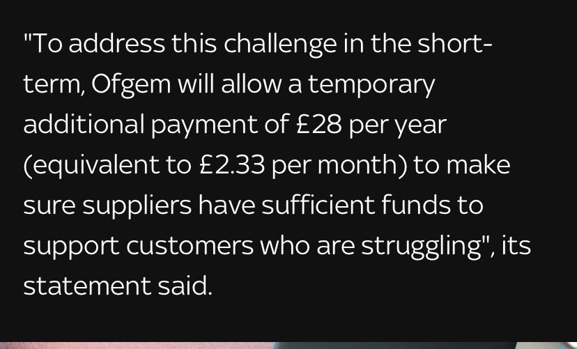 Welcome news that #energy cap is falling. It’s outrageous that #OFGEM is allowing energy companies to charge £28 per year  to ‘support struggling customers’ 

Put it another way it’s to aid company cash flow. Support should come from  profits not consumer 

#bbcqt #pricecap