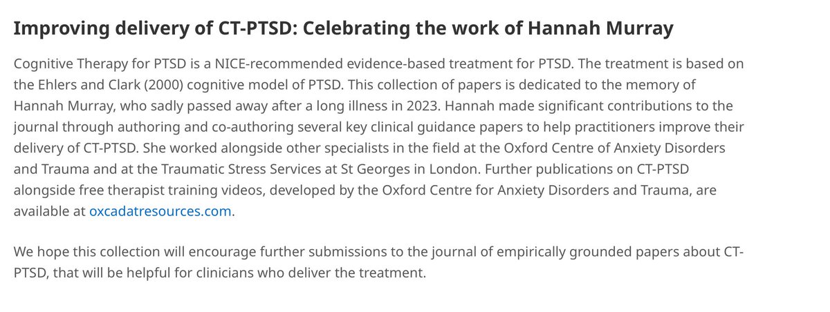 New papers added to the Hannah Murray Special issue from BCP as well as tCBT.  Eleven highly clinically relevant papers on PTSD and related.  

buff.ly/49i3W6C